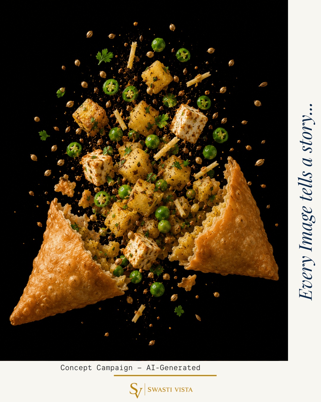 AI-generated food campaign visual of an exploding paneer samosa with spices