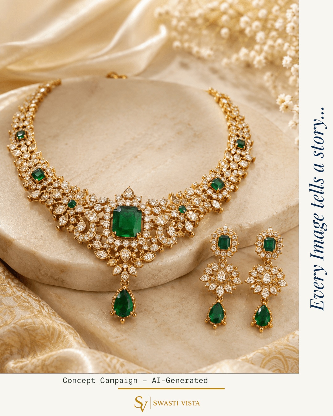 AI-generated jewellery campaign visual of an emerald gold necklace and earrings on ivory silk
