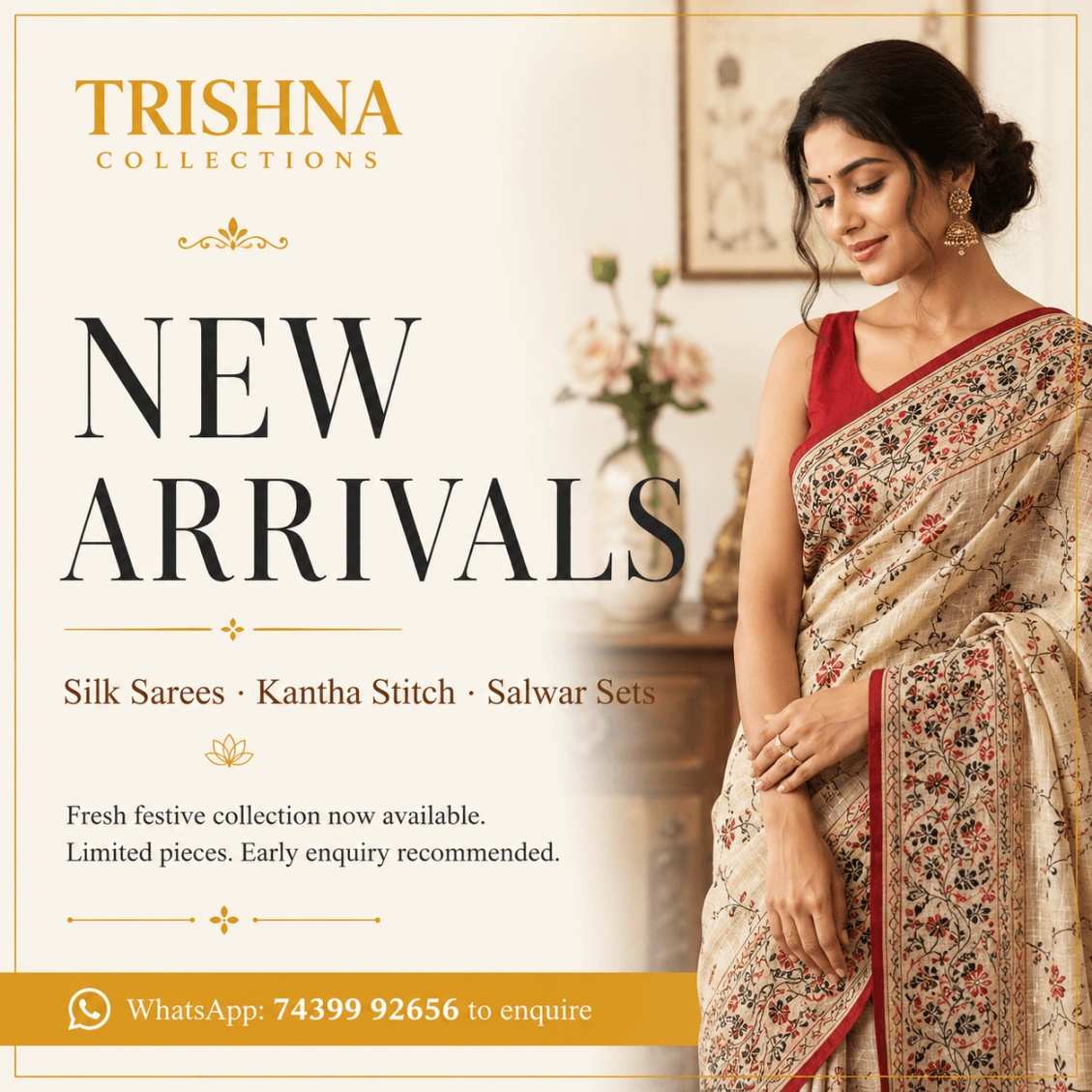 New Arrivals poster for Trishna Collections featuring silk sarees and salwar sets