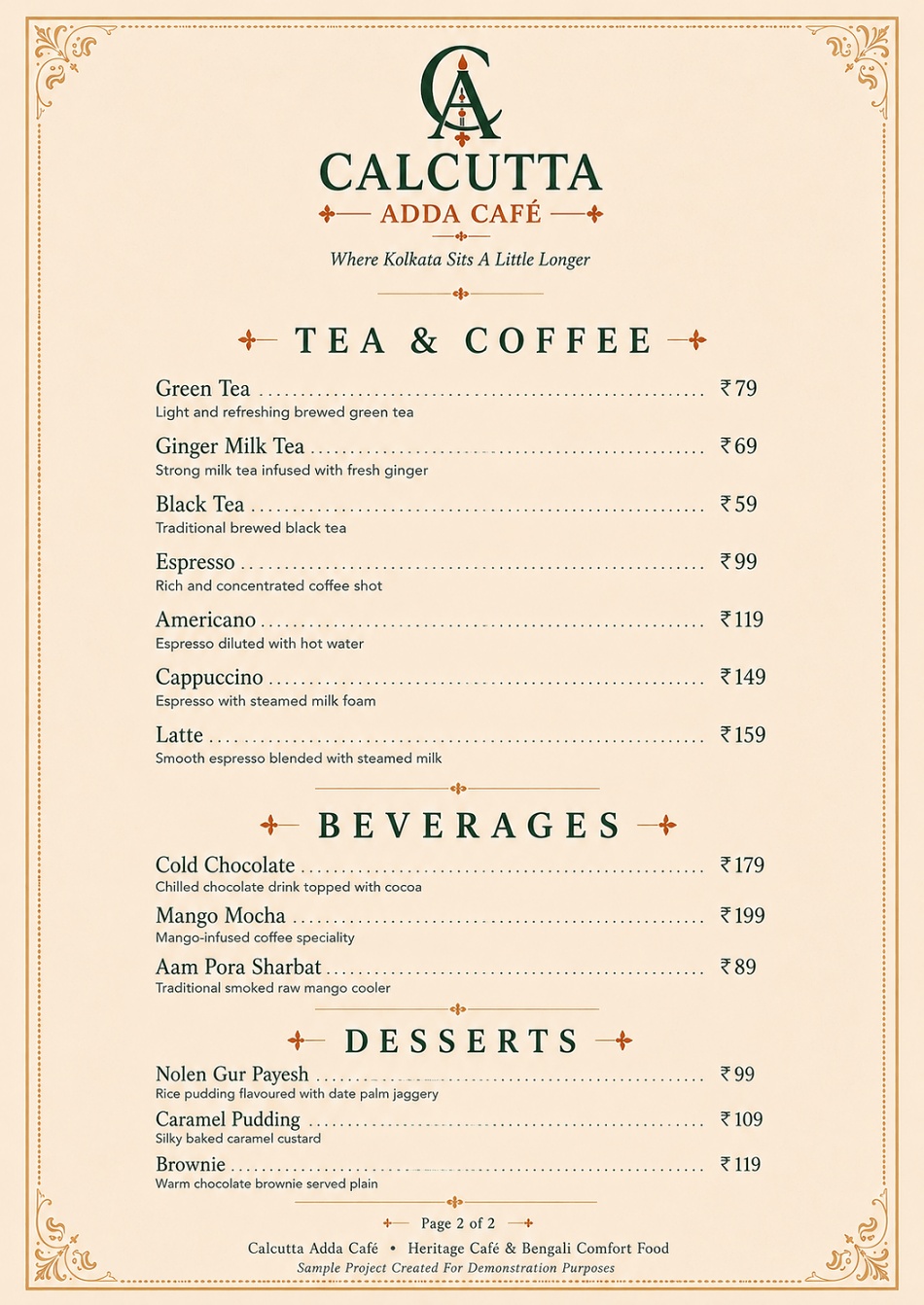 Digital menu page two for Calcutta Adda Café listing tea, coffee, beverages and desserts