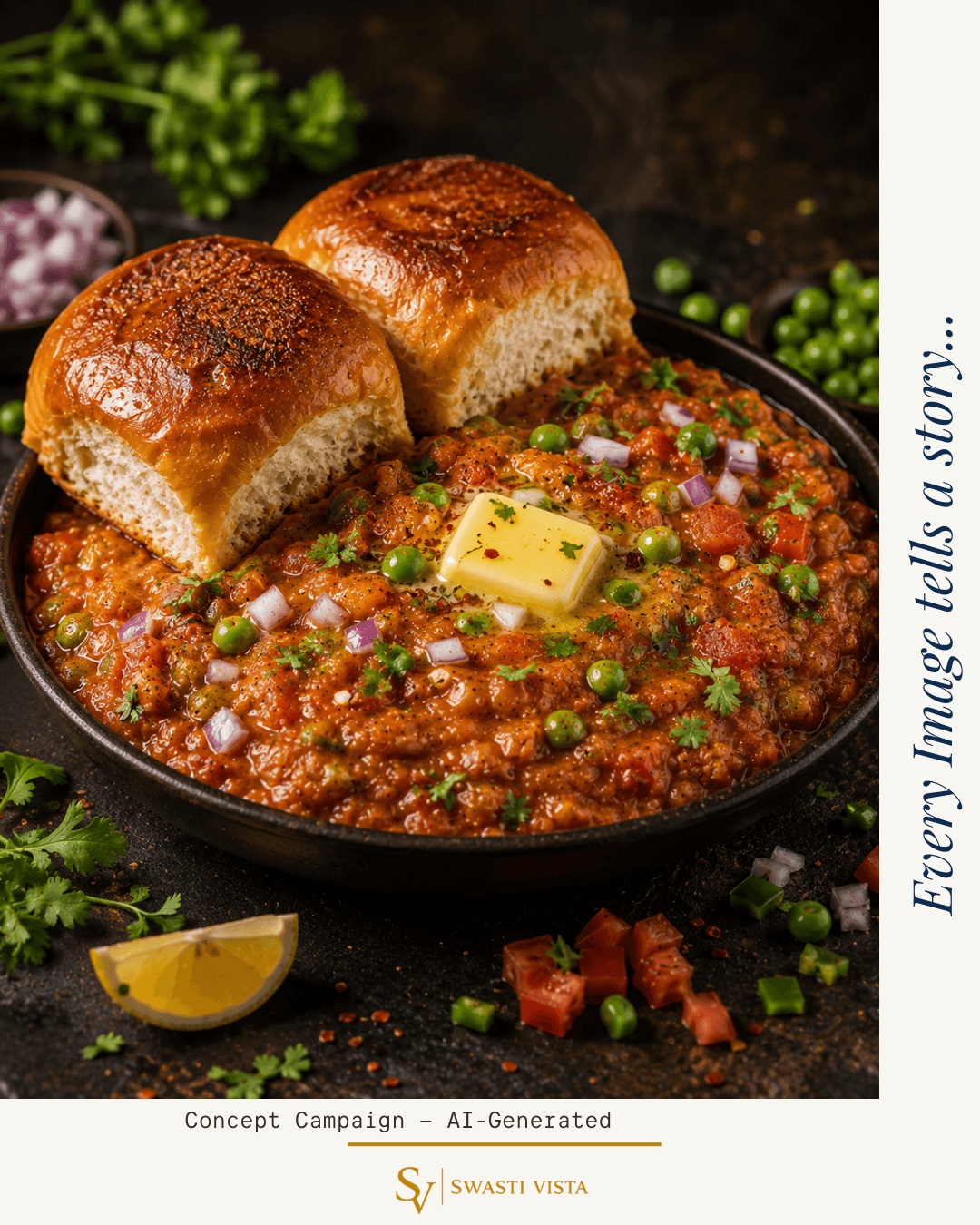 AI-generated food campaign visual of pav bhaji with butter in a black bowl