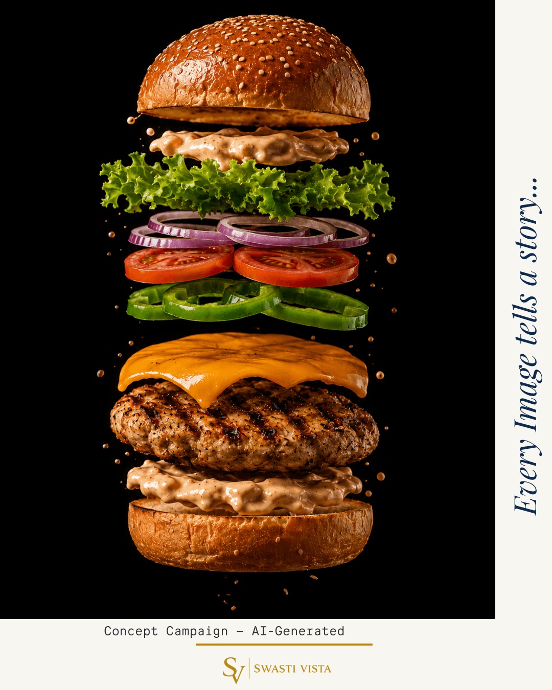 AI-generated food campaign visual of a deconstructed burger on a black background