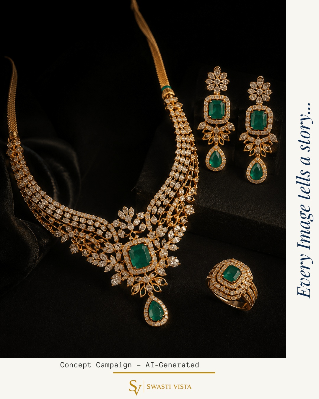 AI-generated jewellery campaign visual of an emerald and diamond bridal necklace set on black velvet
