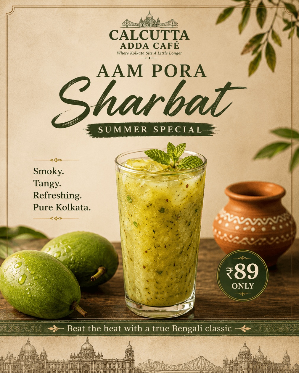 Aam Pora Sharbat summer special poster for Calcutta Adda Café