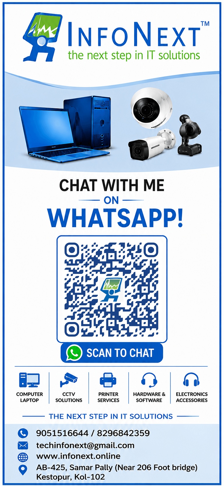 Tall WhatsApp contact poster for InfoNext IT solutions with a scan-to-chat QR code