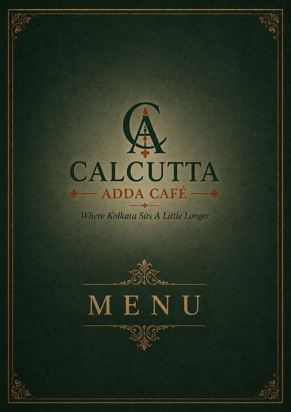 Heritage-style dark green menu cover for Calcutta Adda Café with gold ornamental border