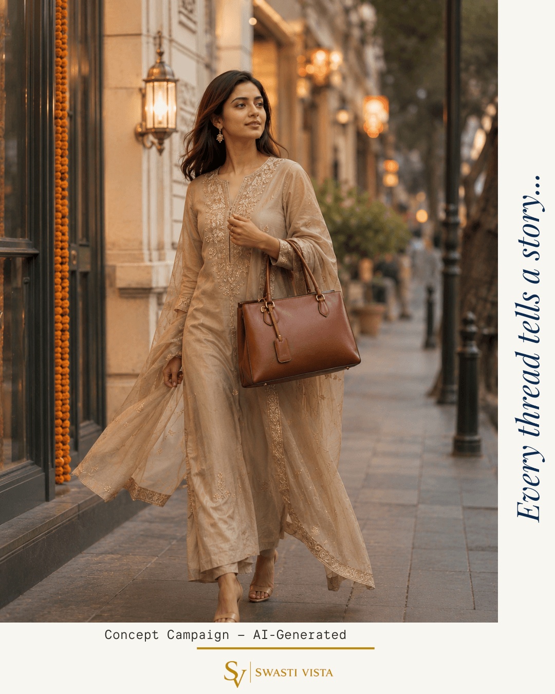 AI-generated boutique campaign visual of a woman in an embroidered beige ethnic suit on a festive street
