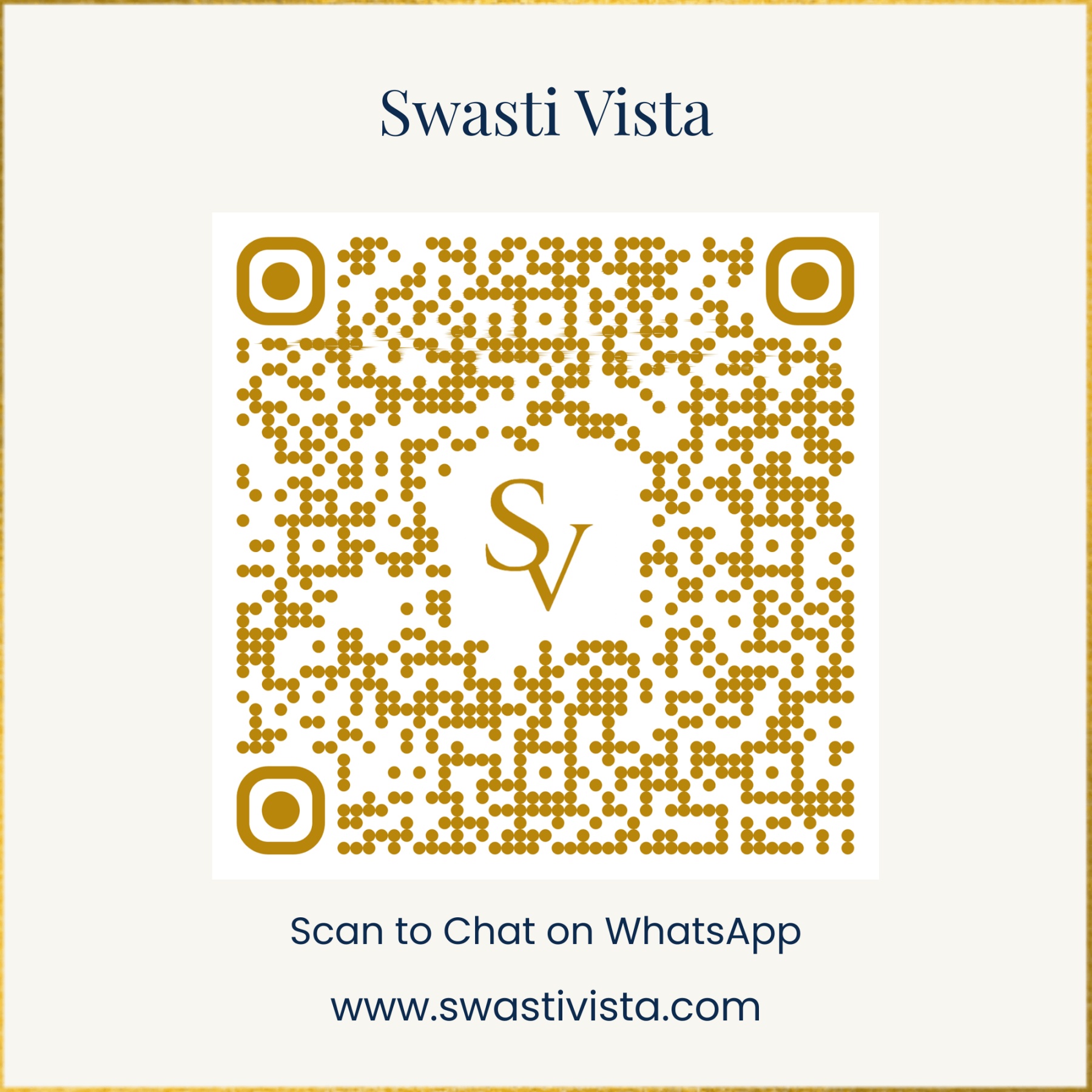 Branded gold WhatsApp QR code design for Swasti Vista with the SV monogram at the centre