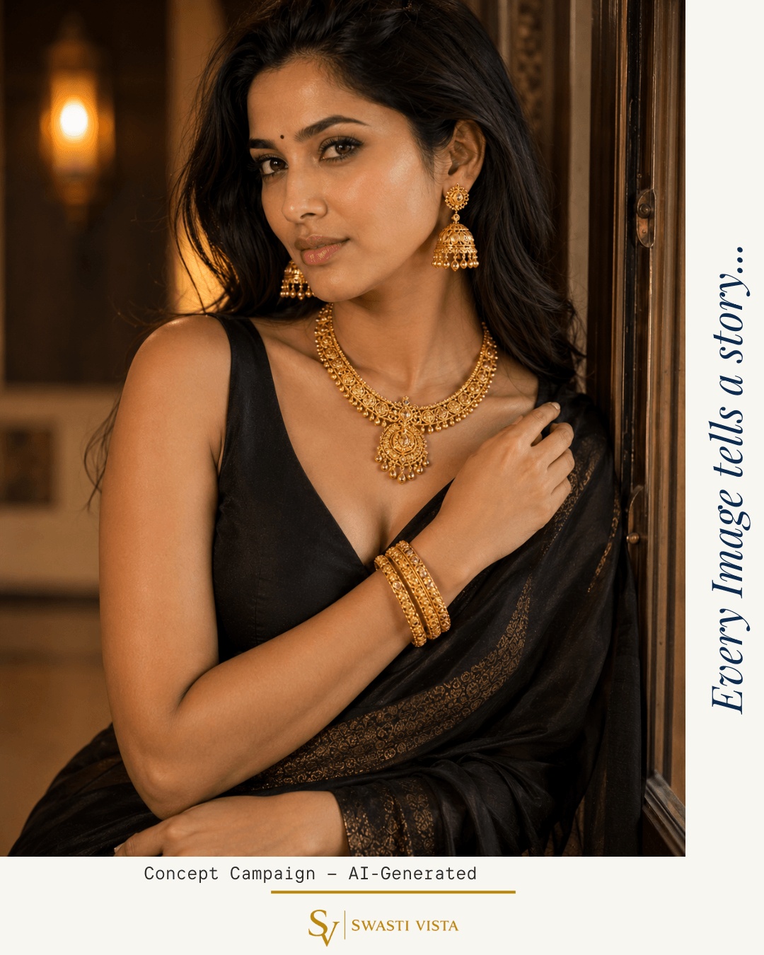 AI-generated jewellery campaign visual of a model wearing a gold necklace and jhumkas