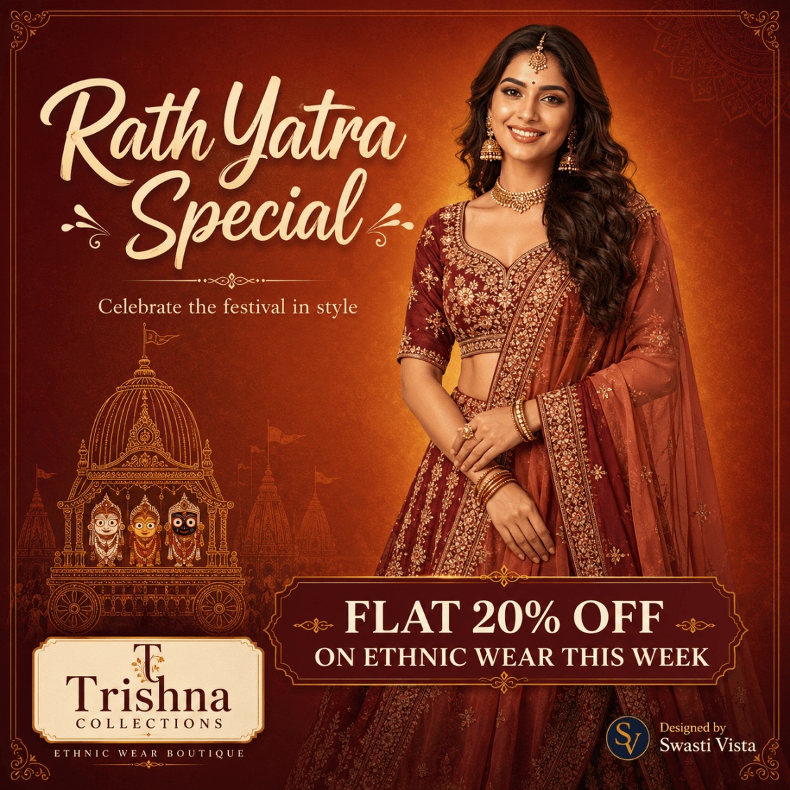 Rath Yatra Special festive offer poster for Trishna Collections ethnic wear boutique