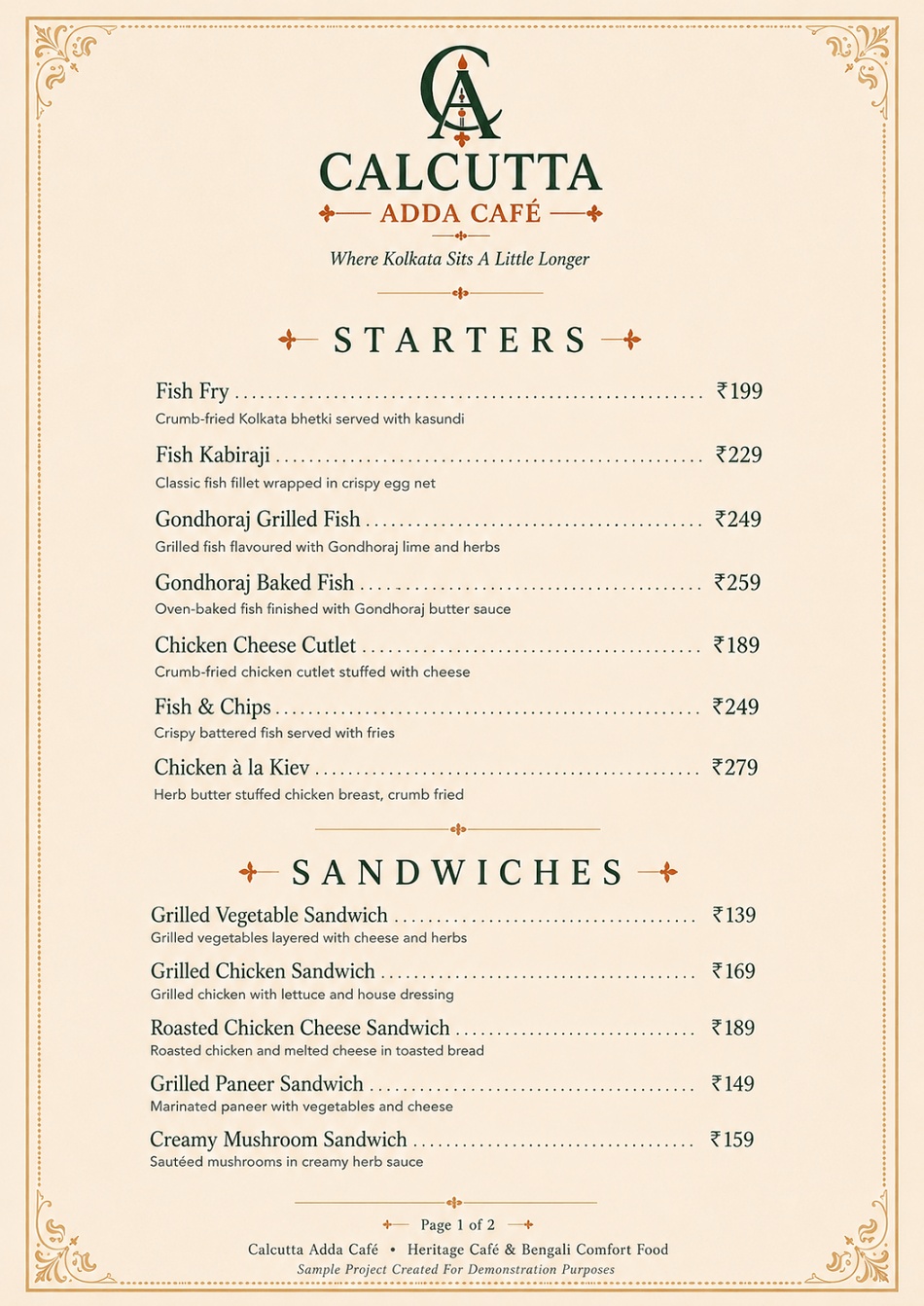 Digital menu page one for Calcutta Adda Café listing starters and sandwiches with prices