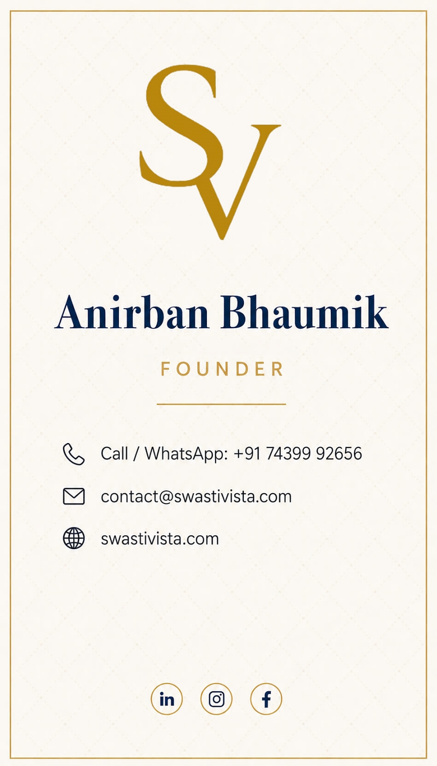 Swasti Vista business card front with gold SV monogram on navy