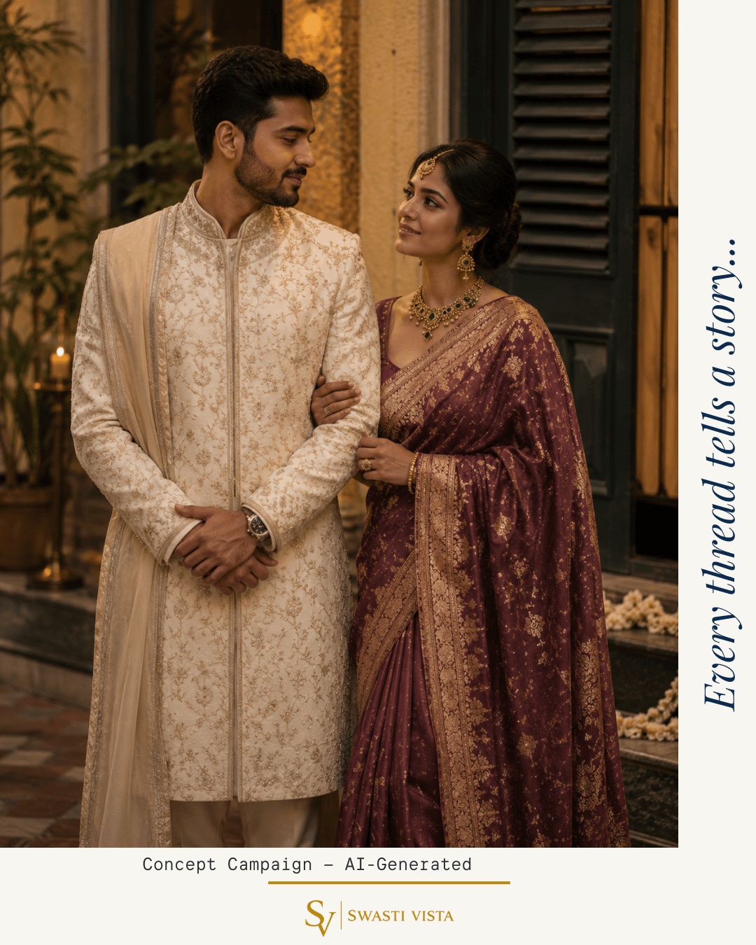 AI-generated boutique campaign visual of a couple in ivory sherwani and maroon silk saree